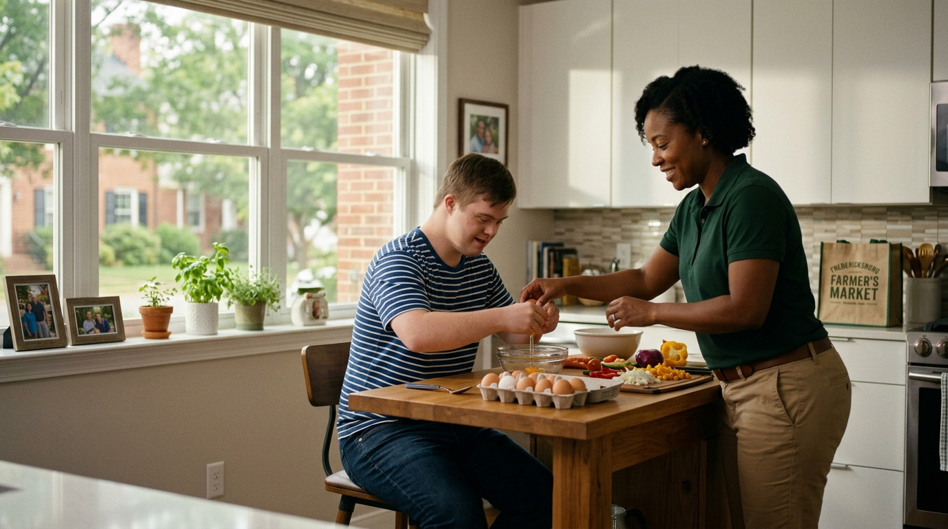 This image represents individualized support with Activities of Daily Living (ADLs) and Instrumental Activities of Daily Living (IADLs) in Fredericksburg, Virginia. Caregivers assist adults with disabilities in tasks such as mobility, grooming, and meal preparation, promoting independence, safety, and dignity in a structured residential care setting.